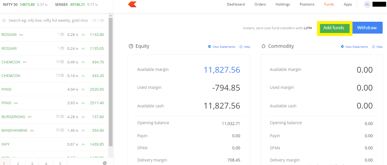 Zerodha Kite Add Funds using UPI