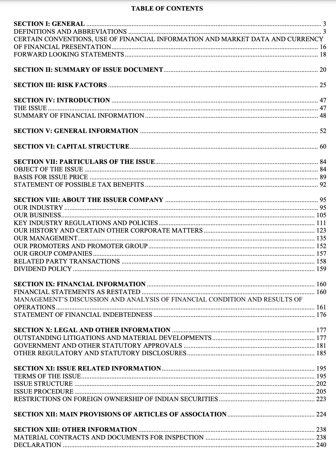 IPO Prospectus Table of Content