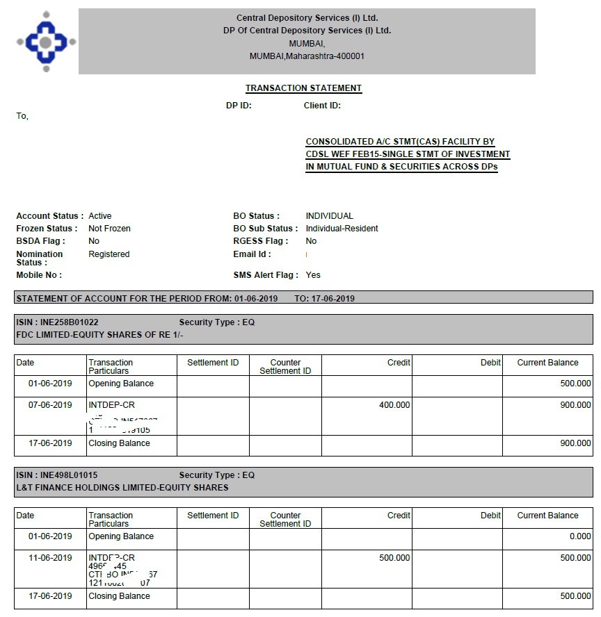 Sample Demat Account Statement CDSL