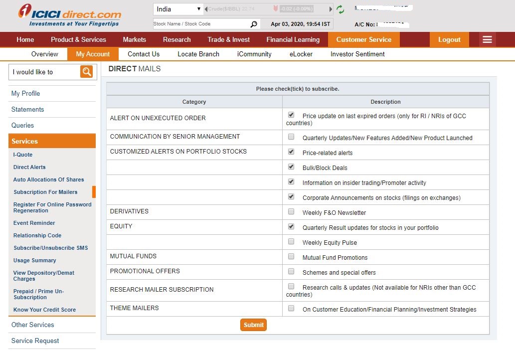 ICICI Direct Subscribe / Unsubscribe Email Newsletter