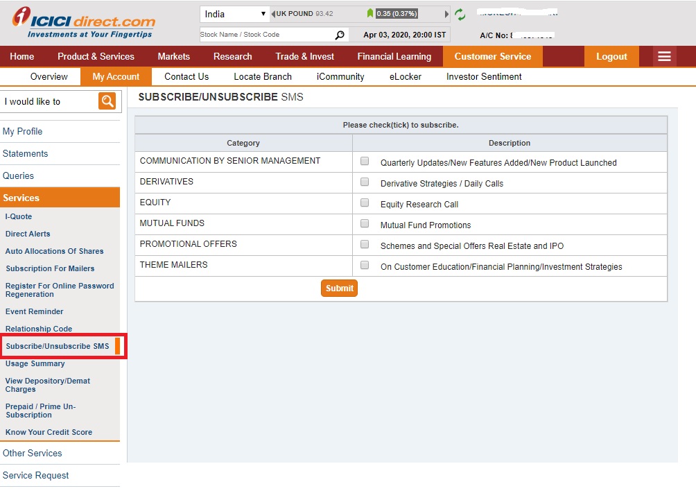 ICICI Direct Subscribe / Unsubscribe SMS