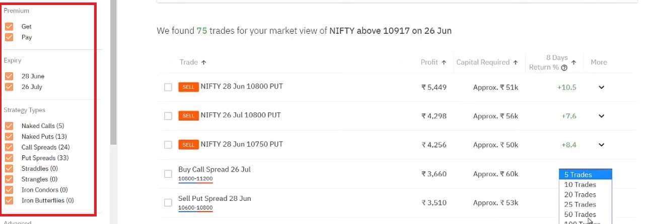 Sensibull Options Filters