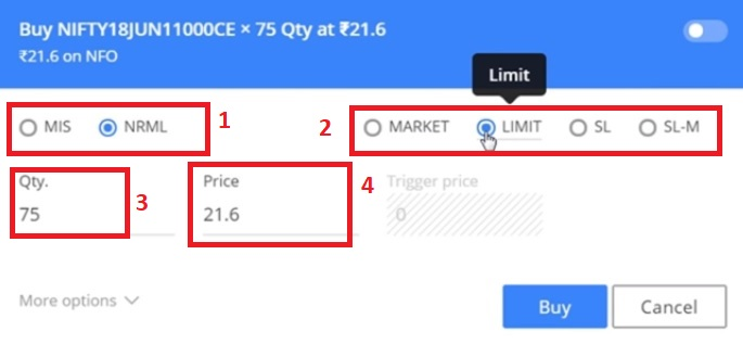 Buy Call/Put Option Zerodha Kite