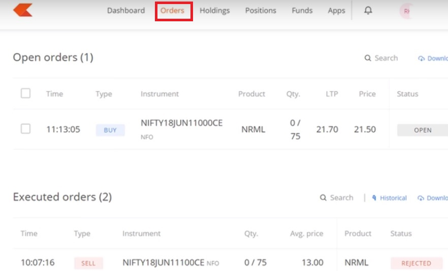 Option Orders Zerodha Kite