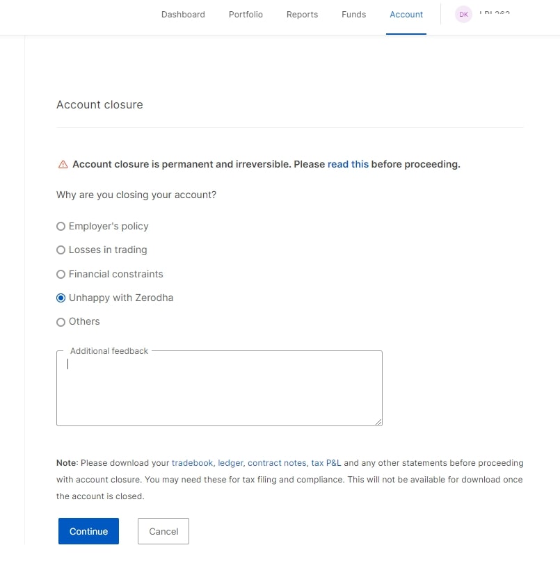 Zerodha Account Closure Demo 1