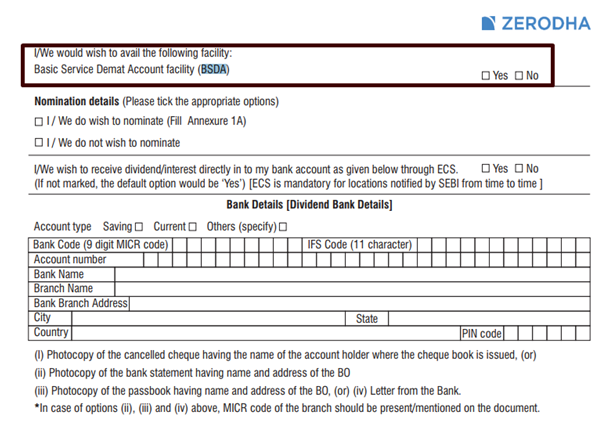 Zerodha BSDA Demat Account Opening Form