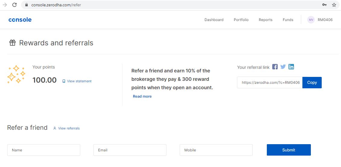 Zerodha referral through Console